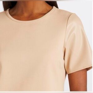 NEW…Violets & Roses Faux Leather Short Sleeve Classic Taupe Top